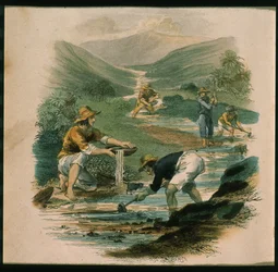 Scene på grenen til Sacramento i 1597, illustrasjon fra California, dens tidligere historie, dens nåværende posisjon, dens fremtidsutsikter av G.A. Fleming, 1850
