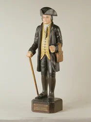 Skulptur av Diedrich Knickerbocker som sto i Knickerbocker Hall i New York City, ca. 1850-67 (malt tre)