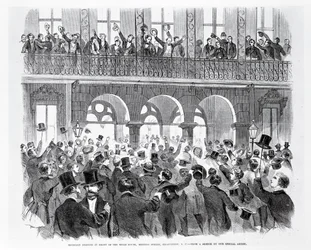 Sesession Meeting foran Mills House, Meeting Street, Charleston, South Carolina, ca. 1860 (gravering) (s/hvitt foto)