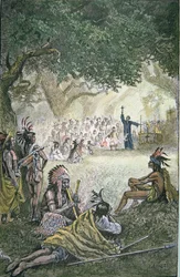 Spanske jesuittmisjonærer som konverterte indianere i California på 1600-tallet (farge litho)