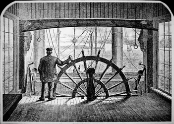 Dampbåtpilot i styrehuset, ca. 1870 (gravering)