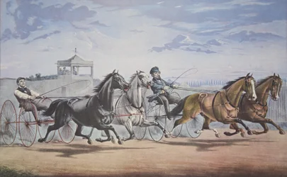 Stella og Alice Gray - Lantern and Whalebone, Passing the Stand (I deres flotte kamp for i Double Harness over Union Course L.I. 5. juni 1855), pub. 1855, Currier & Ives