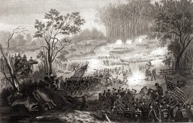 Slaget ved Pittsburg Landing, gravert av H. B. Hall, 1862