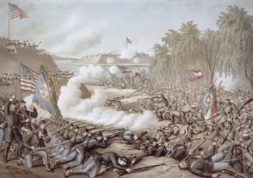 Slaget ved Korint, 3.-4. oktober 1862, viser flagg fra nord og sør, av Kurz & Allison (farge litho)