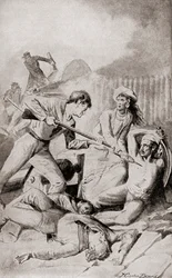 Slaget ved Quallah Battoo i 1832, fra 'The History of Our Country', utgitt 1905 (litho)