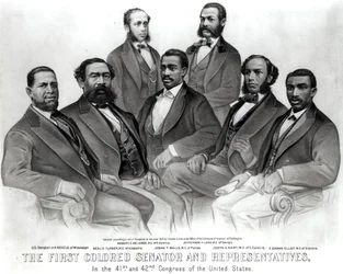 Den første fargede senatoren og representantene, i den 41. og 42. kongressen i USA, pub. av Currier og Ives, 1872 (litho) (pakkebilde)