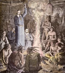 Den franske jesuittmisjonæren Brebeuf blant Algonquins (farge litho)
