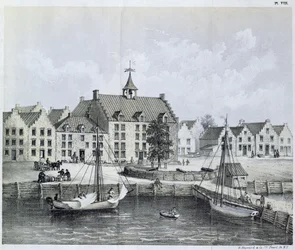 The Stadthuys of New York i 1679, Corner of Pearl Street og Coentijs Slip, fra Journal of a Voyage to New York i 1679-80 av Jasper Danckaerts (f.1639) og Peter Sluyter (1645-1722), utgitt 1867
