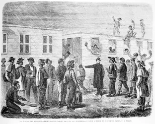 Krigen ved Mississippi - Svarte rekrutter går om bord i vognen til Murfreesboro, fra Frank Leslie