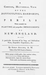 Tittelside til et kortfattet, historisk syn på vanskelighetene, vanskelighetene og farene som deltok på Planting and Progressive Improvements of New England, 1770 (trykt papir)