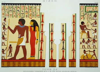 Grav 24, gravkammer nr. 2, fra Gizeh, bind II, plate XV fra det gamle Egypt av Samuel Augustus Binion, utgitt 1887 (tonet chromolitho)