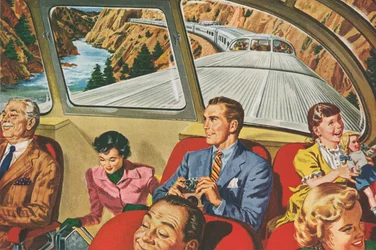 Reisende som nyter en futuristisk togtur