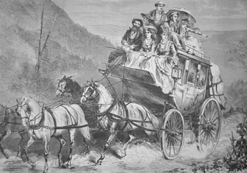 Reiser gjennom det amerikanske vesten med Concord Stagecoach på 1860-tallet (gravering)