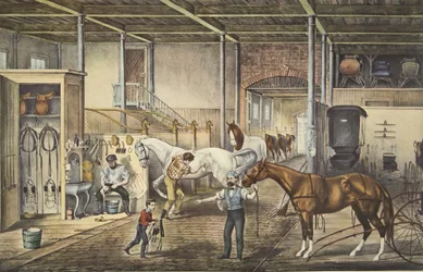 Trav sprekker hjemme, en modellstall, pub. 1868, Currier & Ives