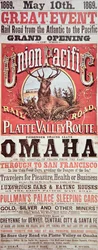 Union Pacific Railroad-plakat som annonserer den første transkontinentale jernbanen over hele USA