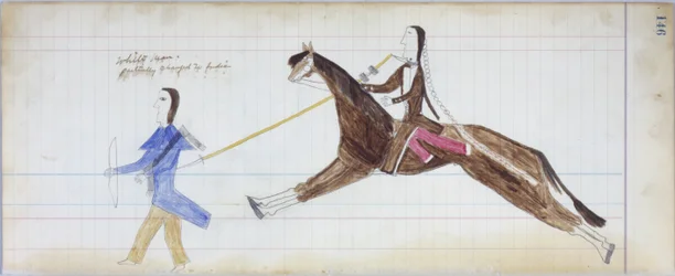 Hvit mann endret delvis til indisk, illustrasjon fra Black Horse Ledger, 1877-79 (blyant og fargestift på papir)