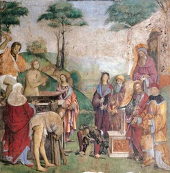 Martyrdom of Saint Cecilia, av Amico Aspertini (1474 eller 1475-1552), freskomaleri, Oratory of Santa Cecilia (St Cecilia), Bologna, Emilia-Romagna. Italia
