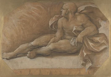 Naken mannsfigur sitter på bakken, ca. 1535-40.