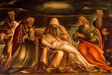 Pieta mellom de hellige Markus, Ambrosius, Johannes evangelisten og Antonio Abate, av Amico Aspertini (1474 eller 1475-1552), tempera på lerret