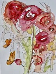 Akvarellmalte blomster og sommerfugler