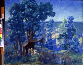 Badende ved sjøen. Maleri av Anatoly Afanasyevich Arapov (1876-1949). Olje på lerret, 80 x 98 cm