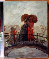Under regnet (I regnet). Maleri av Anatoly Afanasyevich Arapov (1876-1949). Olje på lerret, 36 x 28 cm