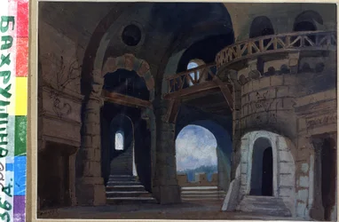 Decor pour la piece Macbeth de William Shakespeare (1564-1616) (Scenedesign for stykket Macbeth av W.Shakespeare). Oeuvre de Anatoli Fyodorovich Geltser (1852-1918), aquarelle et gouache sur papier