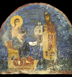 Storprins Yaroslav II Vsevolodovich med modell av Nereditsa-kirken før Kristus, 1100-tallet