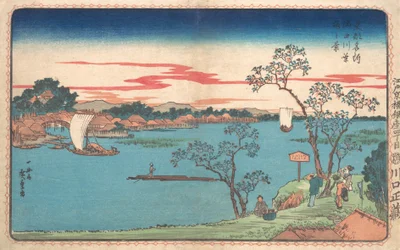 En utsikt over kirsebærtrær i blad langs Sumida-elven, 1831., 1831.