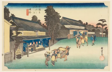 Narumi, et sted kjent for tøyet sitt, på de femtitre stasjonene på Tokaido-veien (Tokaido Gojusan Tsugi-no Uchi)