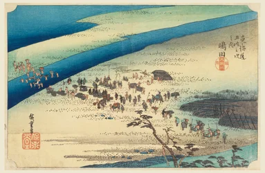 Shimada, reisende som krysser Oigawa, i de femtitre stasjonene på Tokaido-veien (Tokaido Gojusan Tsugi-no Uchi)