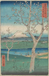 Utsikt over Fuji-fjellet fra Koshigaya, Musashi Musashi-provinsen, Kos..., 4. måned, hesteår 1858.