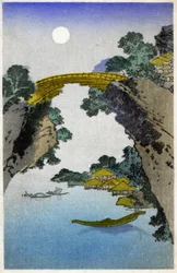 Geografi. Japan. Bro. Tresnitt av Hiroshige i: Femtitre stasjoner av Tokaido (1833–1834). Postkort, Japan, ca. 1900 (postkort)