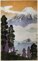 Geografi. Japan. Fuji-fjellet. Tresnitt av Hiroshige i: Femti tre stasjoner ved Tokaido (1833–1834). Postkort, Japan, ca. 1900. Tresnitt av Hiroshige i: Femti tre stasjoner ved Tokaido (1833–1834). Postkort, Japan, ca. 1900 (postkort)