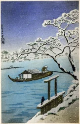 Geografi. Japan. Elv om vinteren. Tresnitt av Hiroshige i: Femtitre stasjoner av Tokaido (1833–1834). Postkort, Japan, ca. 1900 (postkort)