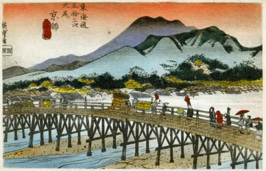 Geografi. Morgengløden på Nihonbashi (55. stasjon). Tresnitt av Hiroshige i: Fifty Three Stations of the Tokaido (1833-1834). Postkort, Japan, ca. 1900 (postkort)