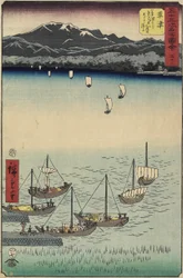 53, Rein g Boat ts at Yabashi Ferrys håndlyd Kusatsu Bear ch, Kusatsu, 1855