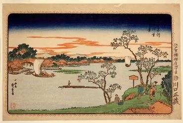 Cherry Trees in Leaf Beside the Sumida River, fra serien Famous Sites in the Eastern Capital, ca. 1831 (farget treblokktrykk)