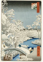 Drum Bridge og "Setting Sun" Hill, Meguro, fra serien "One Hundred Views of Famous Places in Edo", utgitt ca. 1858