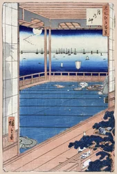Japansk trykk: Moonlight. Serie hundre kjente visninger av Edo. (Måneskinn. Hundre kjente utsikter over Edo). Verk av Utagawa Hiroshige (1797-1858), tresnitt