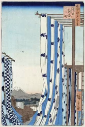 Japanske trykk: Fargerkvarteret i Kanda (Tokyo, Japan). I bakgrunnen kan du se Fuji-fjellet. Serie hundre kjente visninger av Edo. (Dyers-distriktet i Kanda. Hundre kjente utsikter over Edo). Verk av Utagawa Hiroshige (1797-1858), gravering