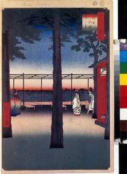 Japansk treblokktrykk: daggry ved Kanda Myojin-tempelet (Tokyo, Japan). Serie hundre kjente visninger av Edo. (Daggry ved Kanda Myojin-helligdommen, hundre kjente utsikter over Edo). Verk av Utagawa Hiroshige (1797-1858), tresnitt (39x26 cm)