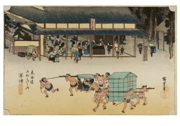 Kusatsu: Berømt posthus fra serien Tokaidos femtitre stasjoner, ca. 1831–1834 (tresnitt på papir)