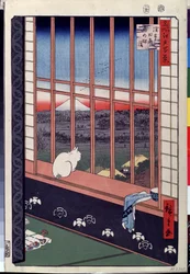 Serien ""De hundre berømte utsiktene over Edo"": ""Rismarkene i Asakusa under hanefestivalen, en katt som sitter i vinduskarmen"" (En katt som sitter på vindussetet) Trykk av Utagawa Hiroshige (1797-1858) ) 1800-tallet Pushkin-museet Moskva
