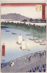 Stasjon 35, Yoshida; Kyoka Tokaido-serien (figurer som krysser forgrunnen) (treblokktrykk i farger)