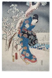 Dame i snødekt landskap, Edo-perioden, ca. 1853 (tresnitt på papir)