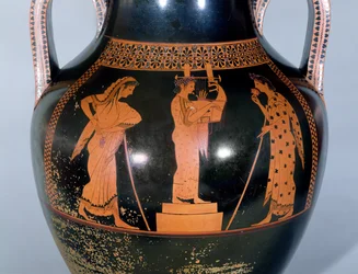 Lofts rød-figur amfora som viser en citharede som opptrer i en musikalsk konkurranse, ca. 525-520 f.Kr. (keramikk)