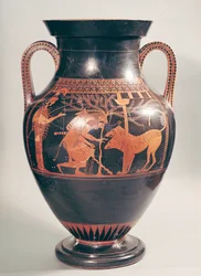 Attisk rødfigurert bukamfora som viser Herakles som fanger Kerberos, gresk, fra Athen, 6. århundre f.Kr.