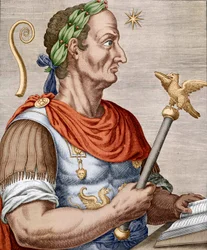 Julius Caesar, fra "True Portraits and Lives of Illustrious Men" (farget gravering)