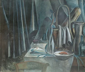 Stilleben med brødkurv, mugge og vinglass